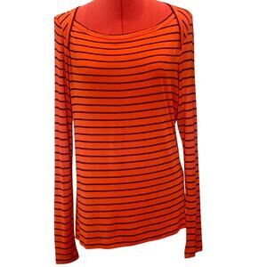 QMack Orange & Black Striped Top Women’s Large Stretch Knit Long Sleeve Shirt